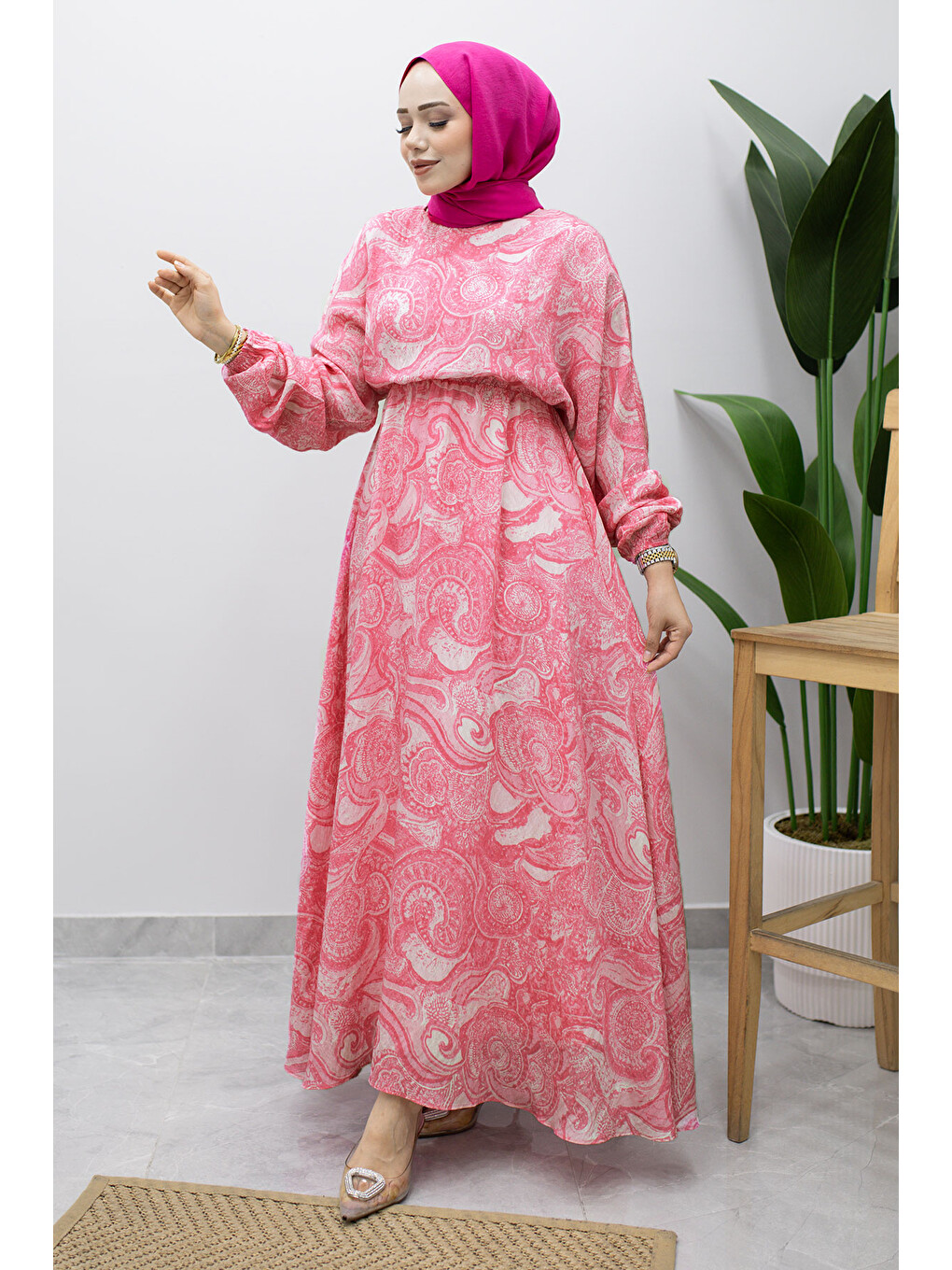 Karışık Desenli Beli Lastikli Elbise Tsd260244 Pembe-3