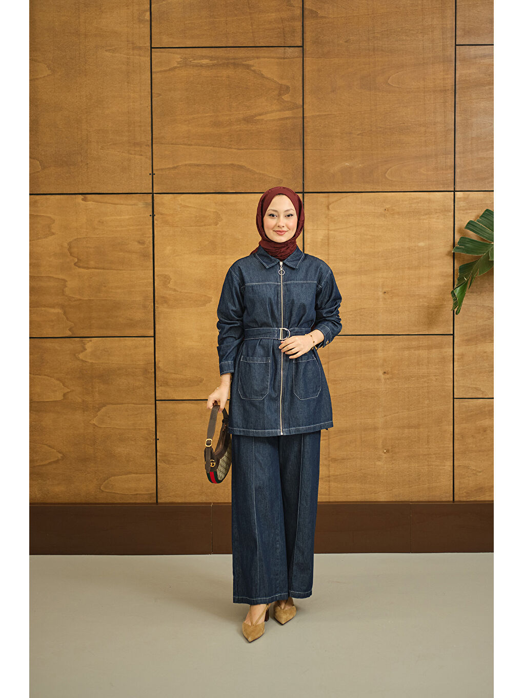 Kadın Gömlek Yaka Fermuarlı Takım Lacivert-3