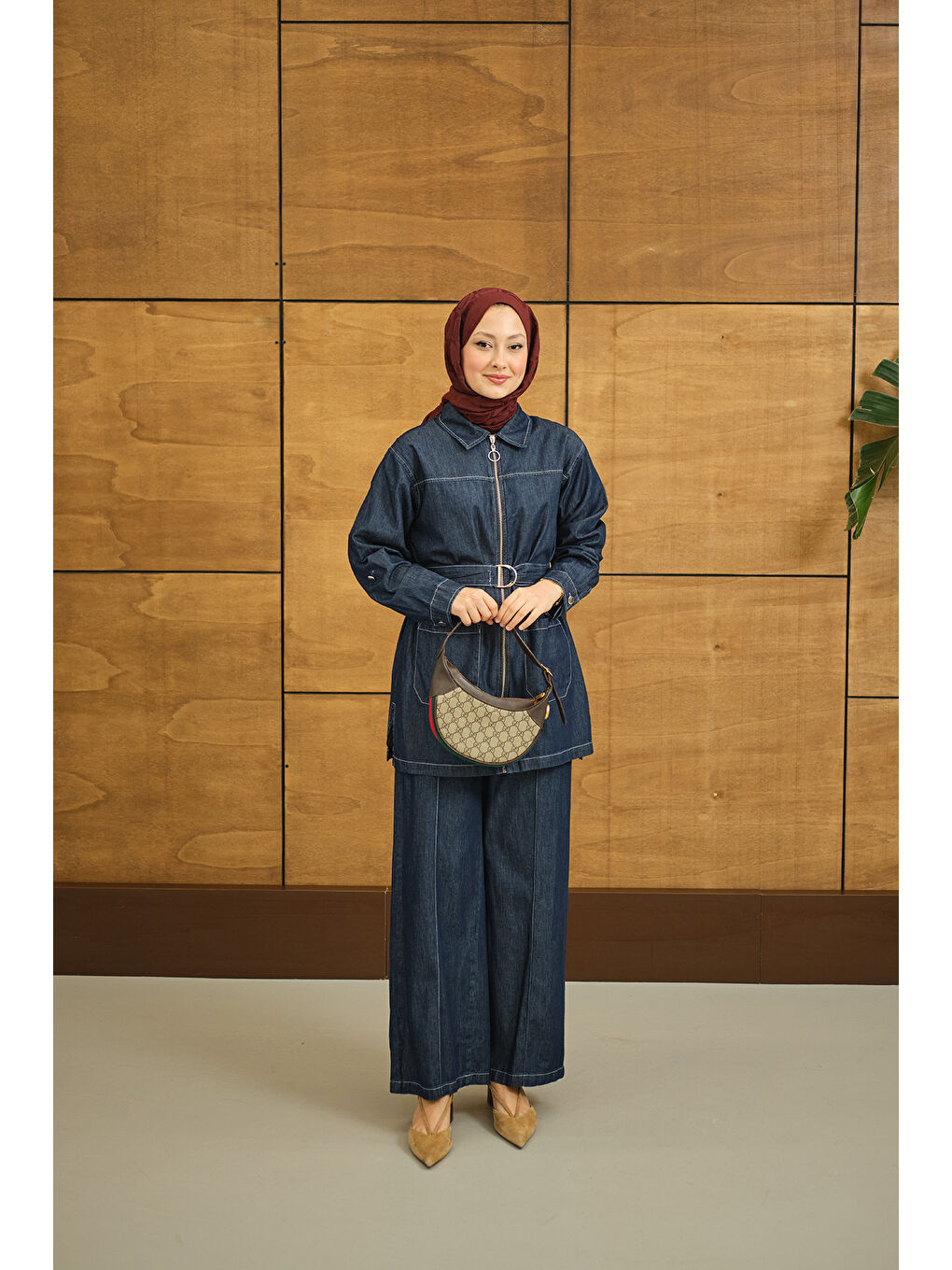 Kadın Gömlek Yaka Fermuarlı Takım Lacivert-4