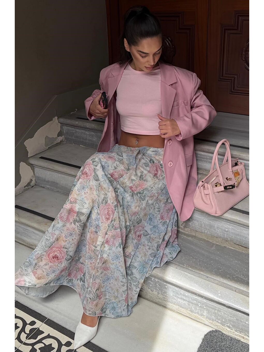 Ekru Çiçek Desenli Vintage Şifon Maxi Etek Mg2776