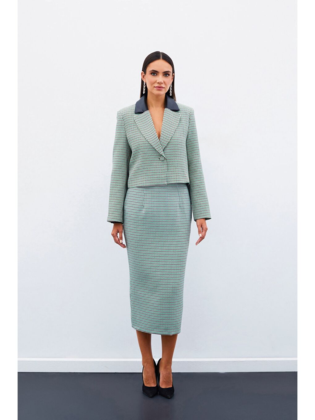 Kazayağı Crop Ceket - Yeşil