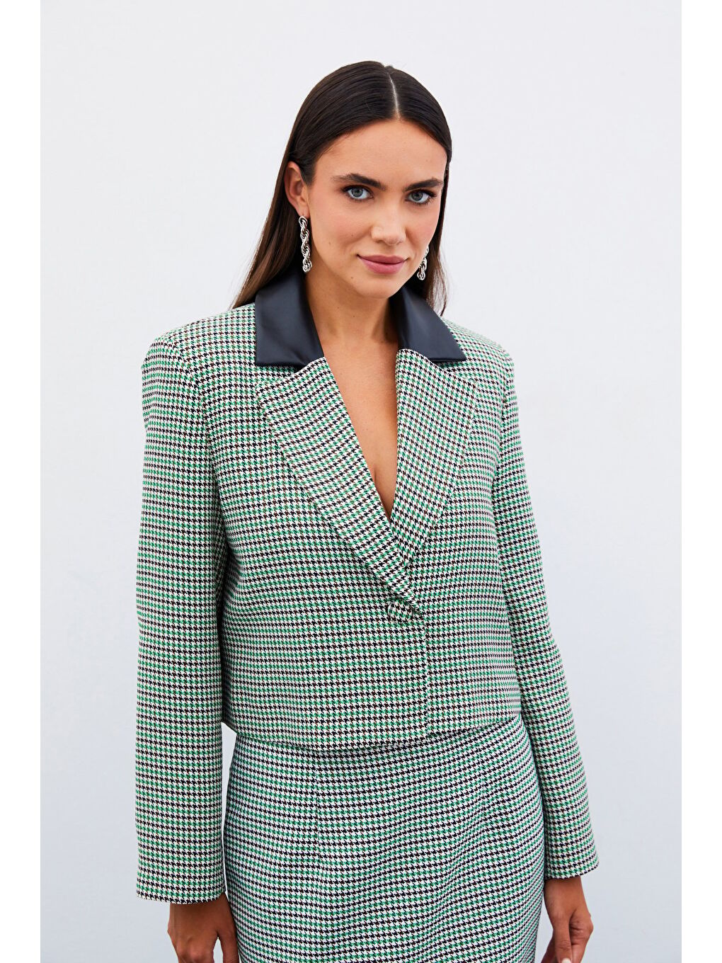 Kazayağı Crop Ceket - Yeşil-1