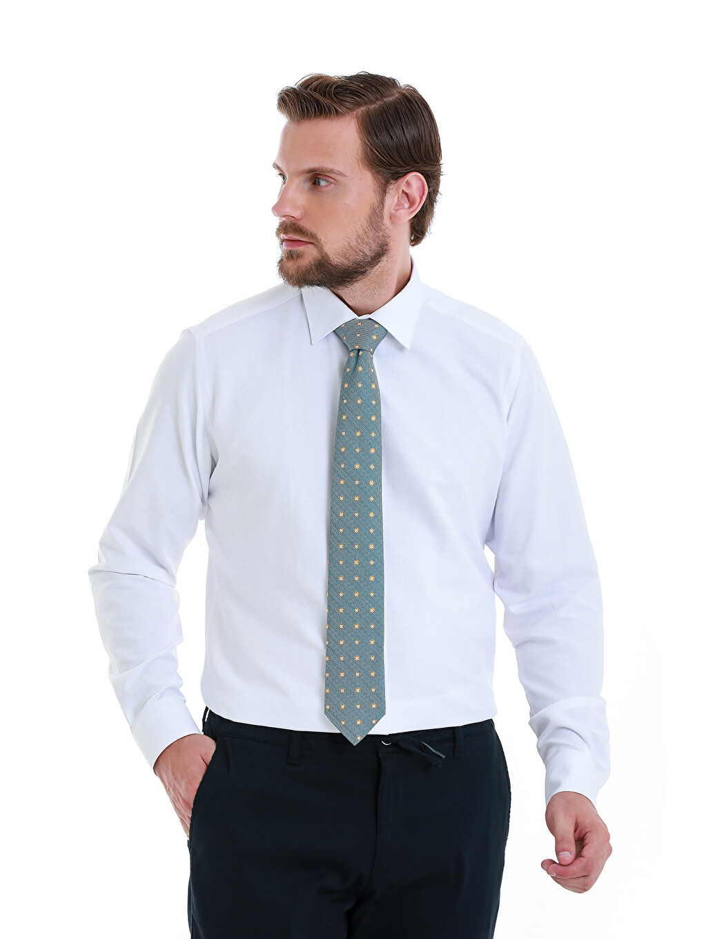 Beyaz Slim Fit Düz Slim Yaka Pamuklu Uzun Kollu Gömlek-2