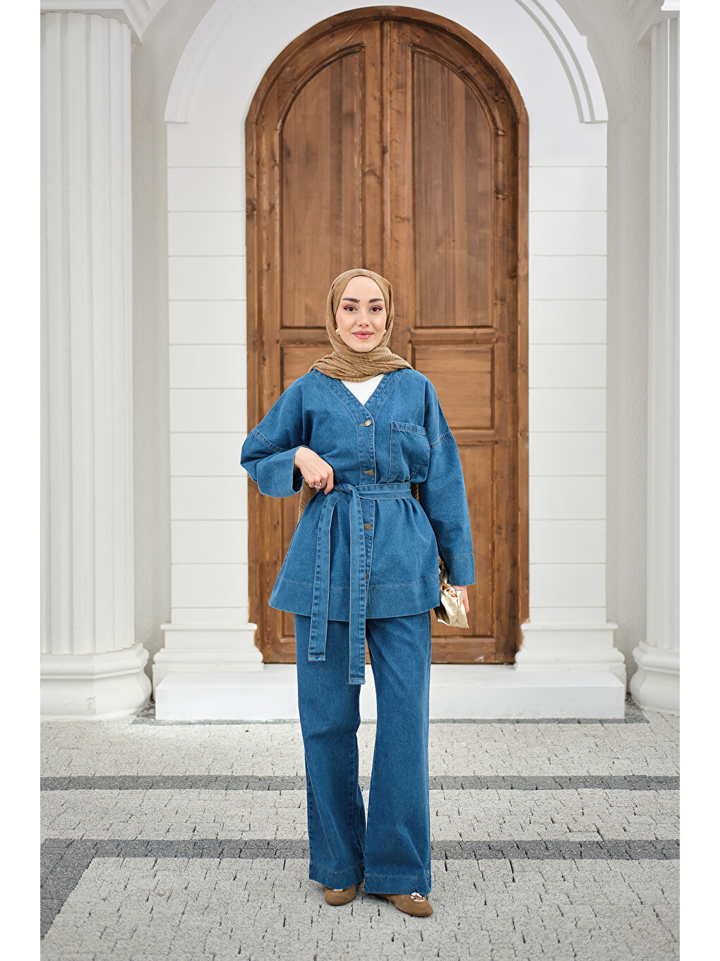 Kadın Cep Detay Bel Bağlamalı Jean Takım Mavi-4