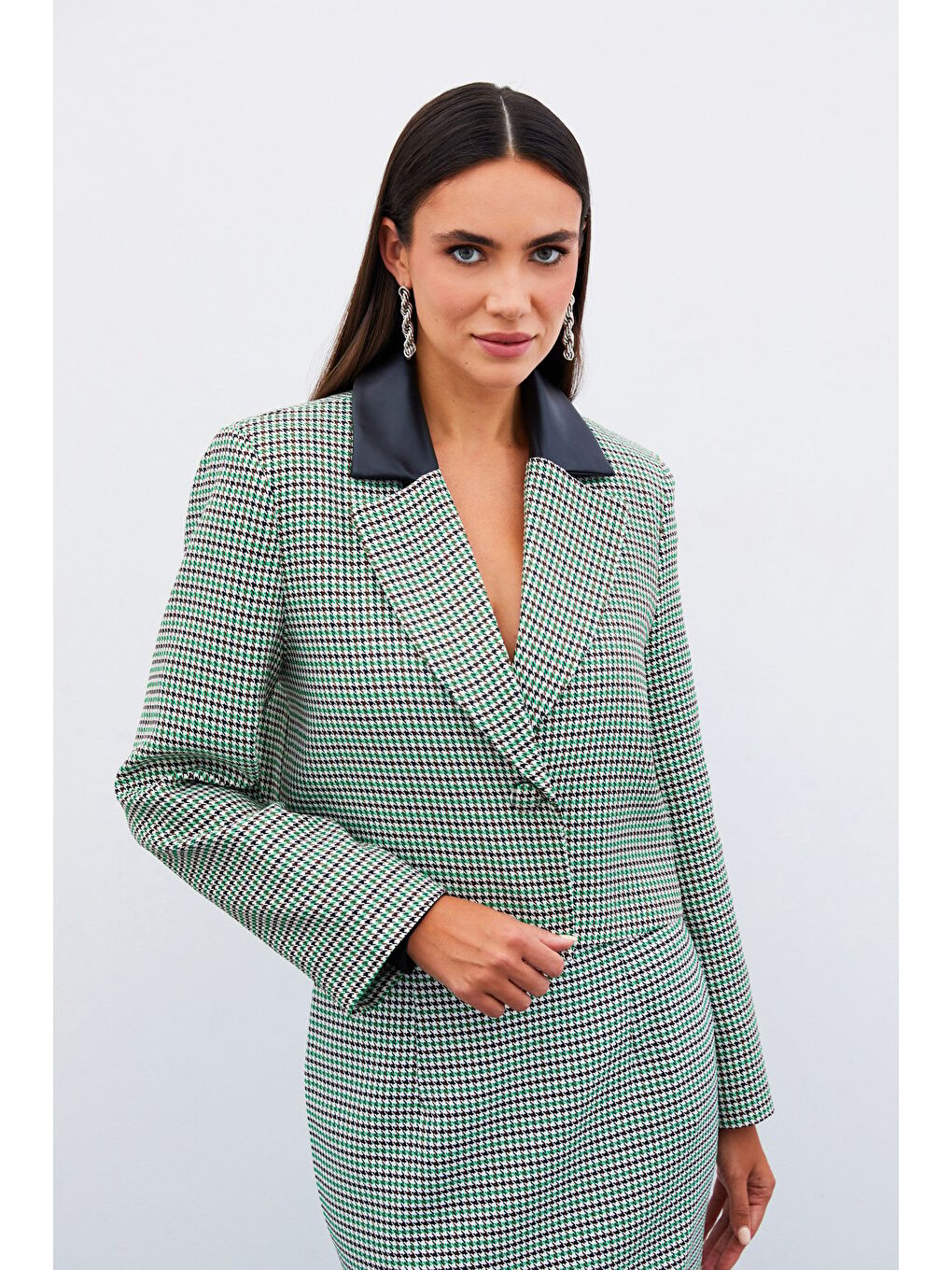 Kazayağı Crop Ceket - Yeşil-3