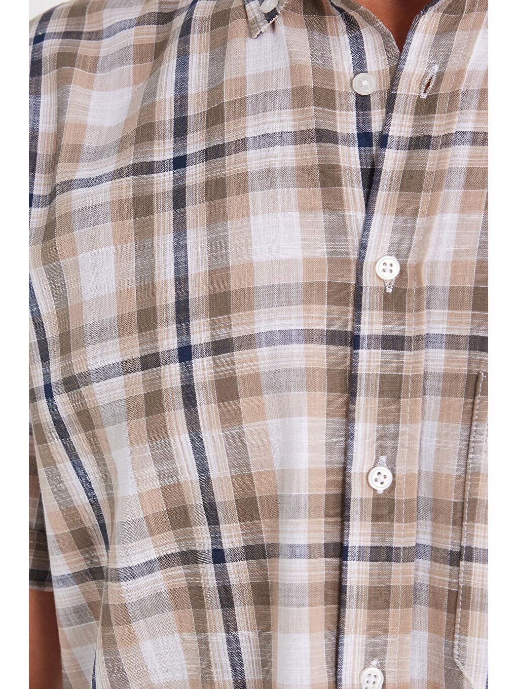 Karışık Erkek Regular Fit Klasik Kesim %100 Pamuk Keten Doku Cepli Kareli Kısa Kollu Düğmeli Yaka Gömlek-2