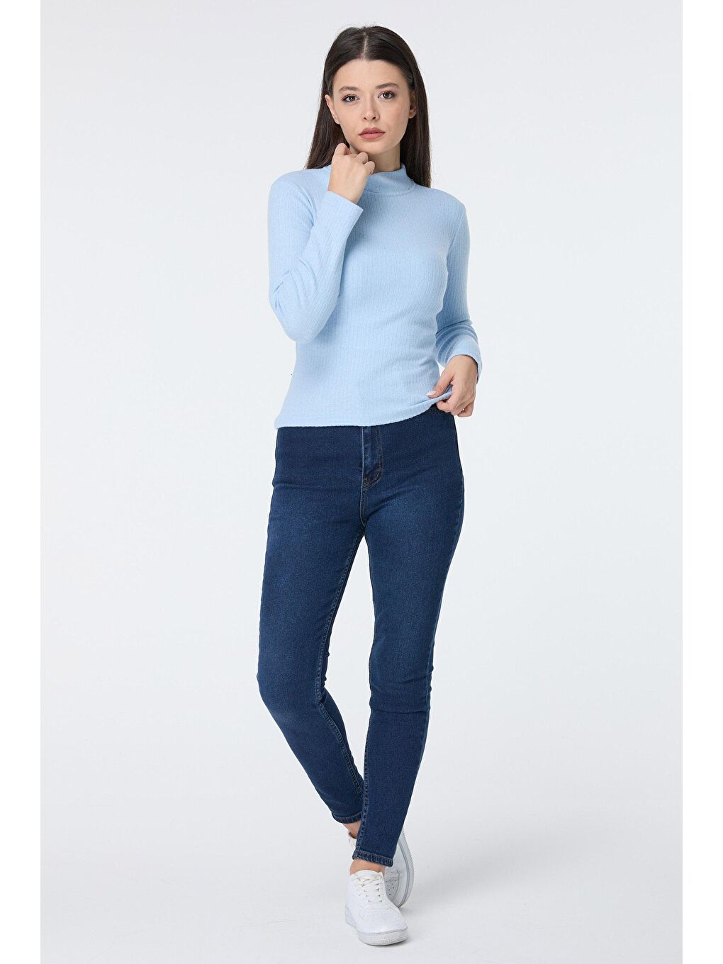 Yarım Balıkçı Yaka Kadın Mavi Crop - 23135-1