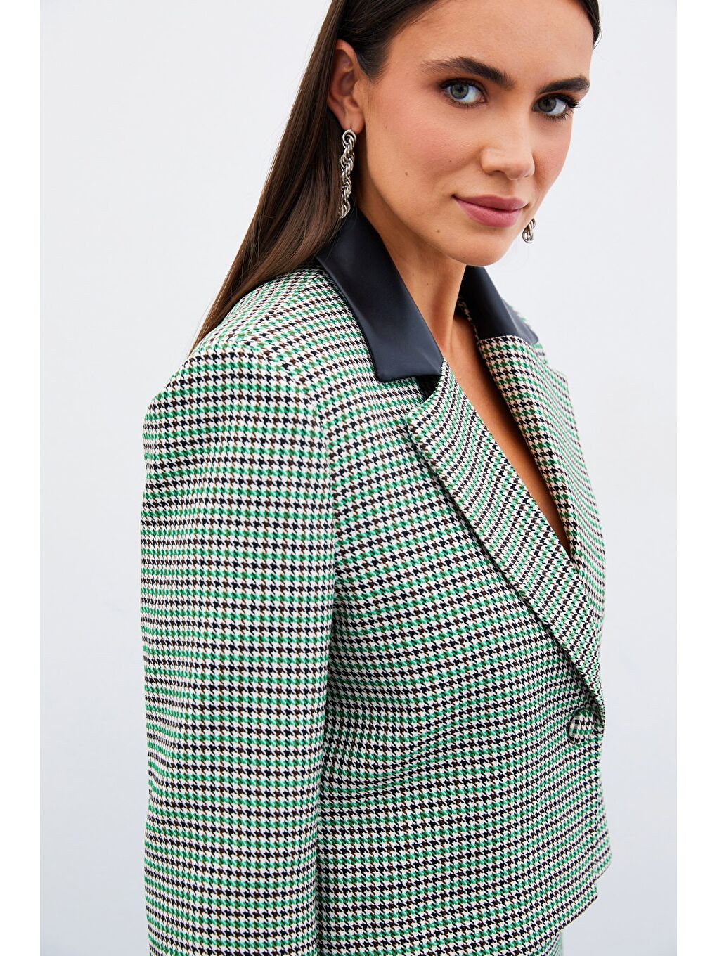 Kazayağı Crop Ceket - Yeşil-4