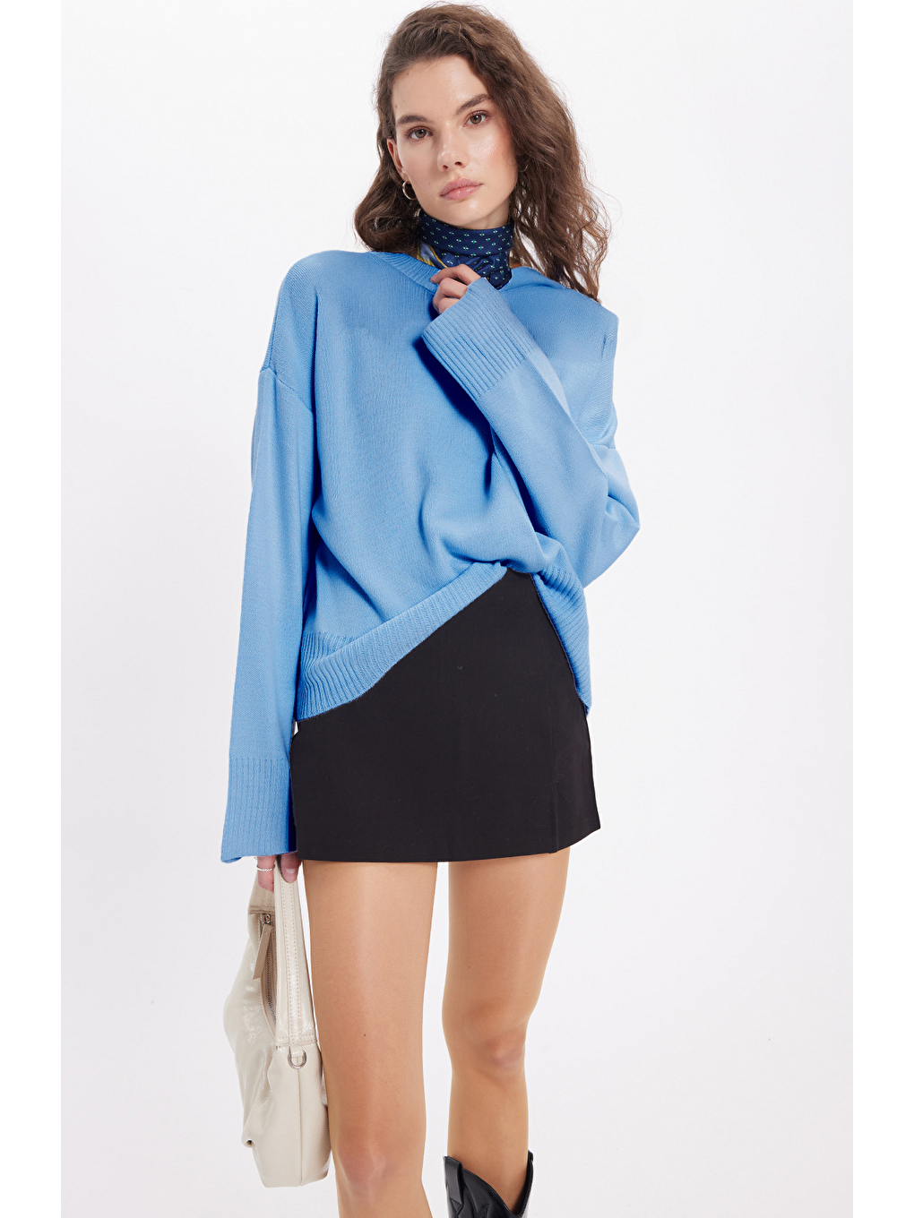 Kadın Oversize Geniş Kesim Bisiklet Yaka Mavi Kazak-1