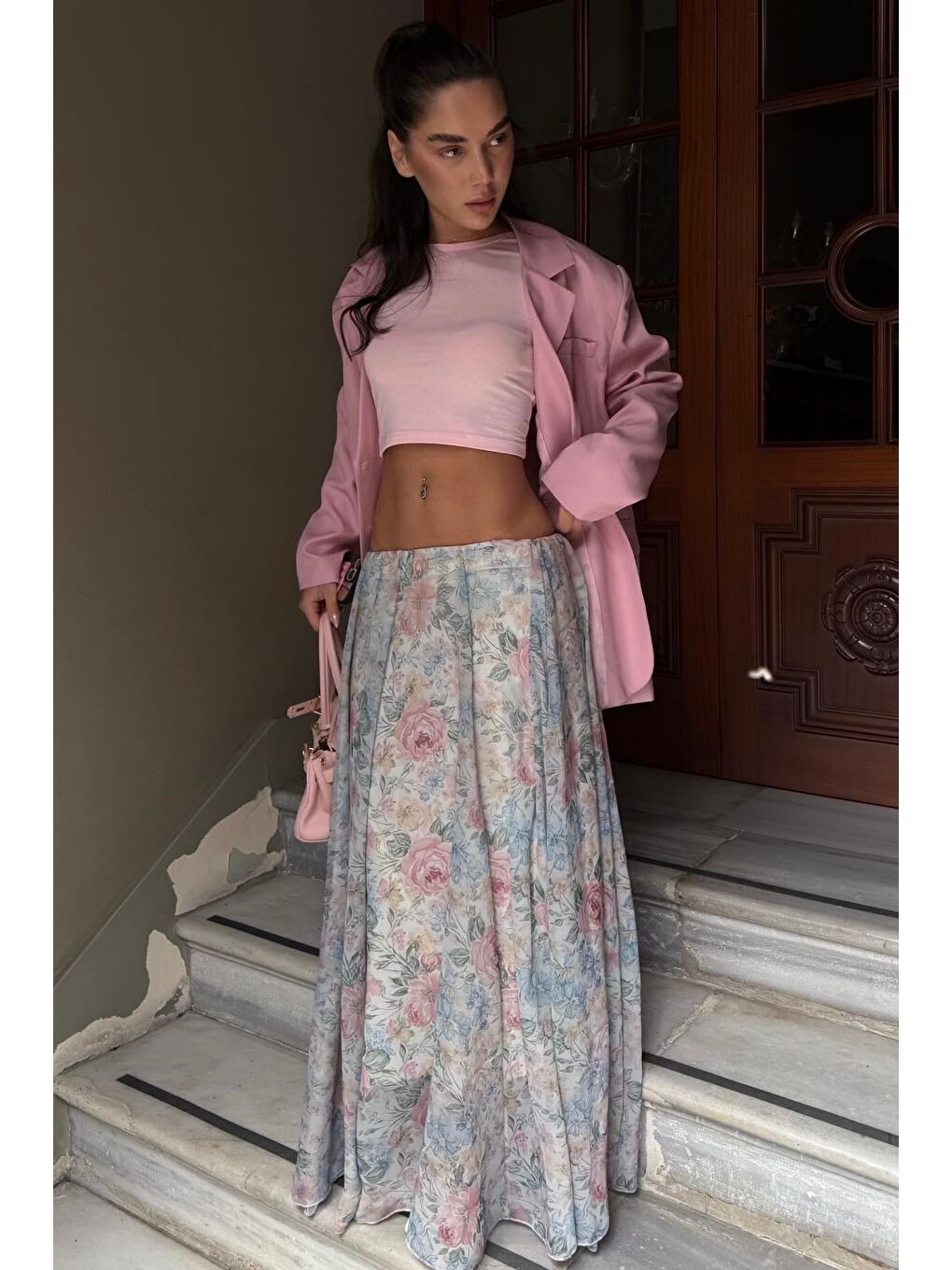 Ekru Çiçek Desenli Vintage Şifon Maxi Etek Mg2776-1