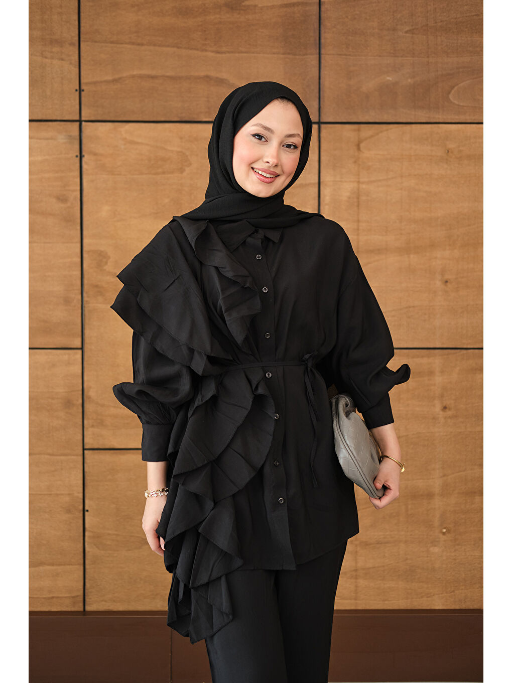 Kadın Dikiş Detay Volanlı Bel Bağlamalı Takım Siyah-1