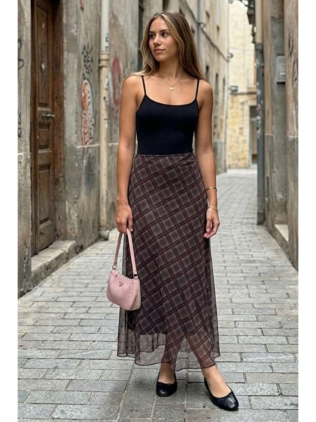 Haki Ekose Desen Tül Katmanlı Kadın Etek Mg2708