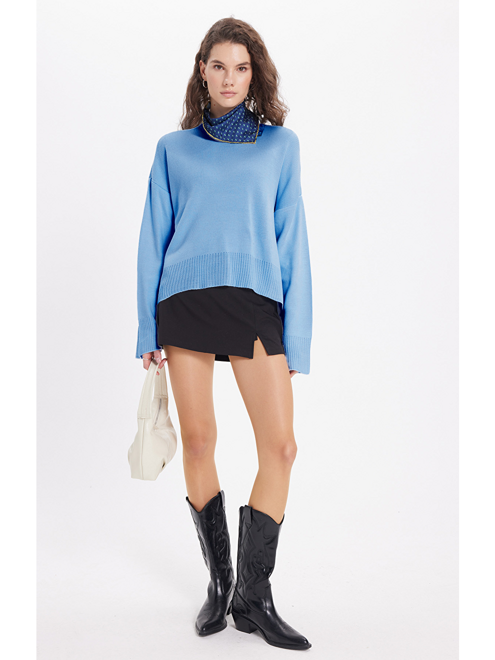 Kadın Oversize Geniş Kesim Bisiklet Yaka Mavi Kazak-3