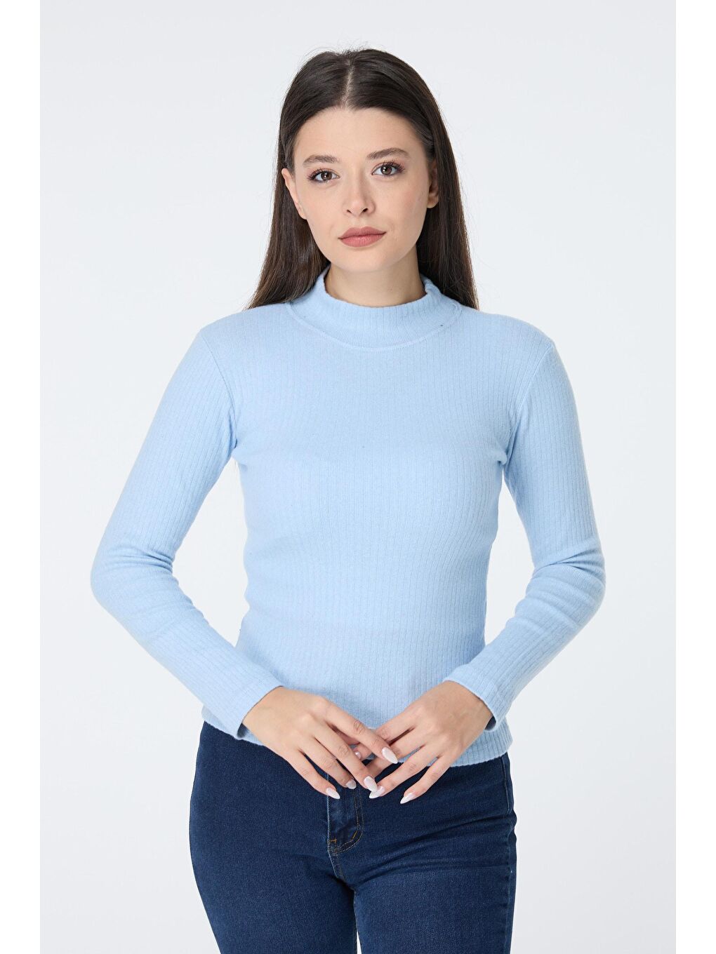 Yarım Balıkçı Yaka Kadın Mavi Crop - 23135-2