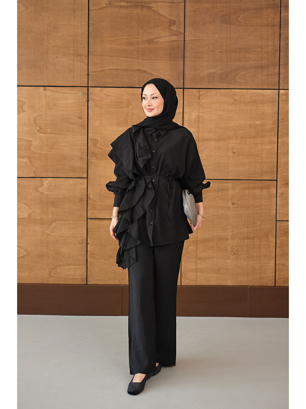 Kadın Dikiş Detay Volanlı Bel Bağlamalı Takım Siyah-2
