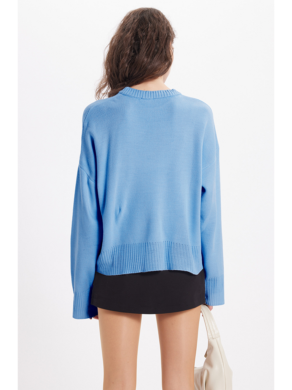 Kadın Oversize Geniş Kesim Bisiklet Yaka Mavi Kazak-4