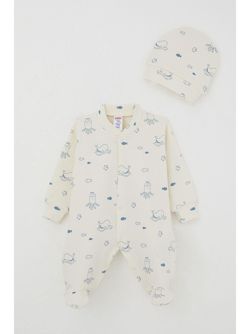 Ekru Erkek Bebek Patikli Tulum Sevimli Deniz Hayvanları Desenli Krem (4 Ay)