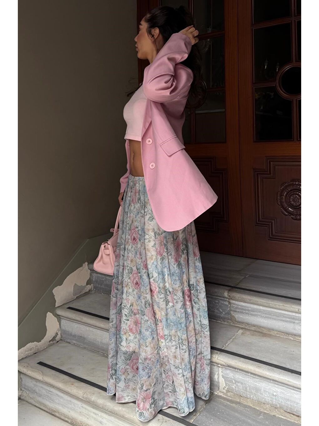 Ekru Çiçek Desenli Vintage Şifon Maxi Etek Mg2776-2