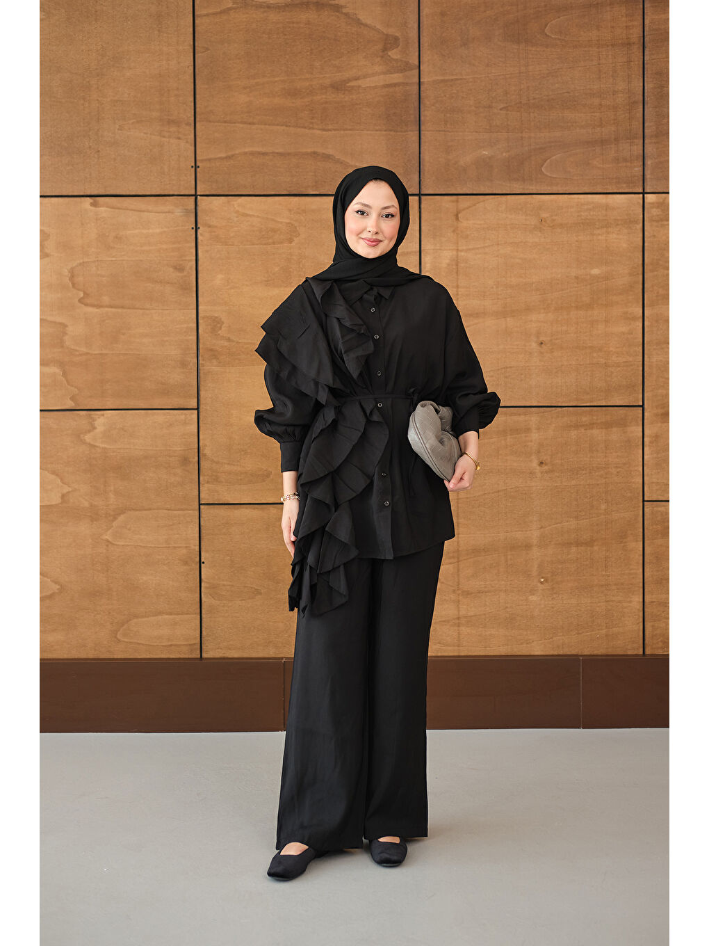 Kadın Dikiş Detay Volanlı Bel Bağlamalı Takım Siyah-3
