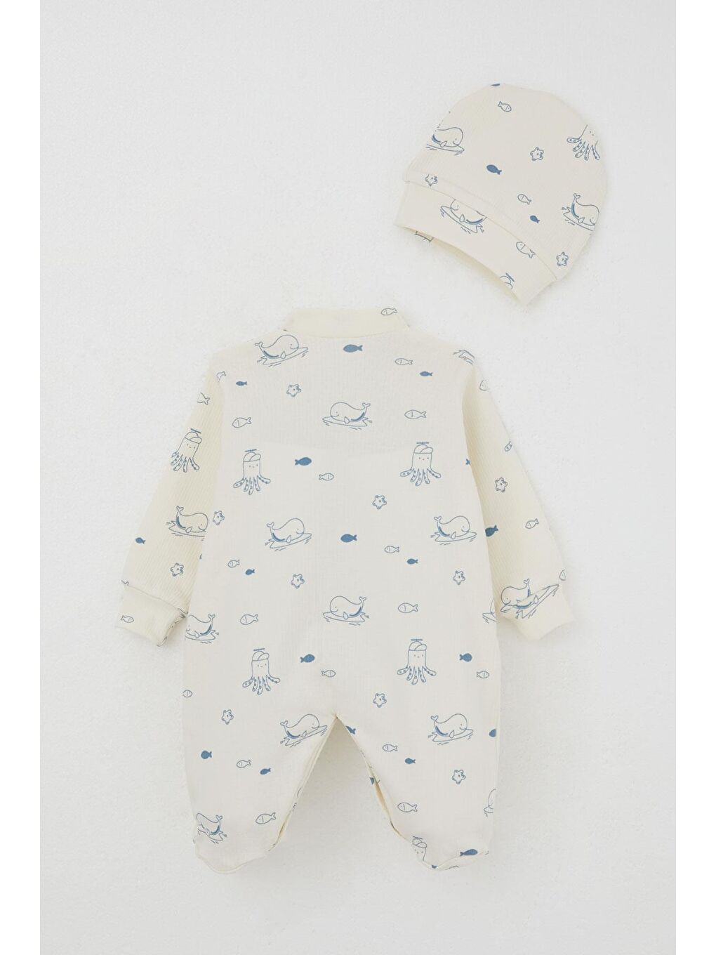 Ekru Erkek Bebek Patikli Tulum Sevimli Deniz Hayvanları Desenli Krem (4 Ay)-1