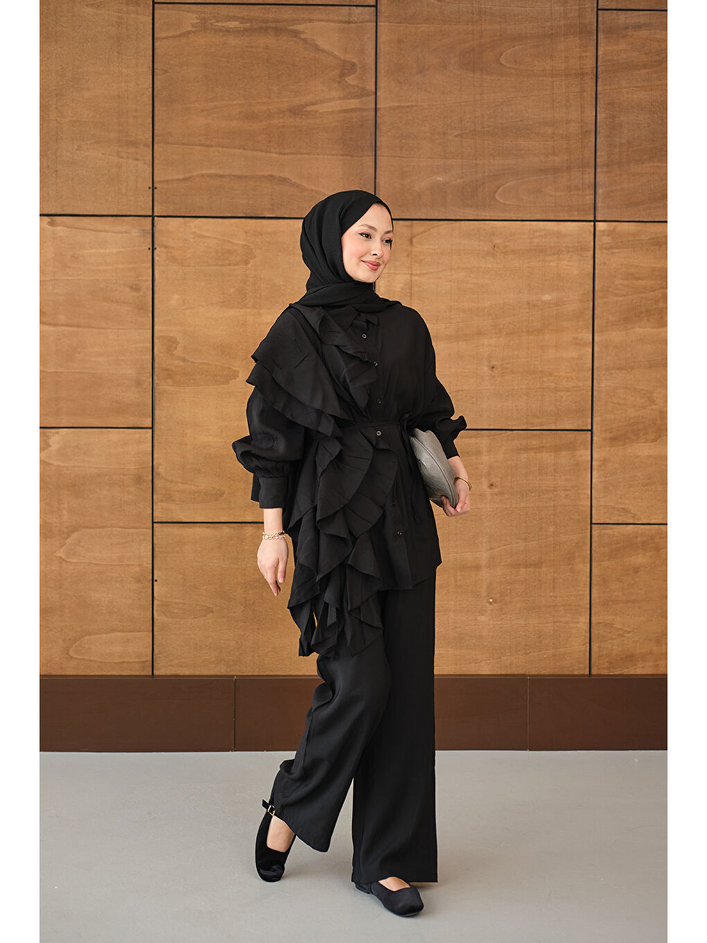 Kadın Dikiş Detay Volanlı Bel Bağlamalı Takım Siyah-4