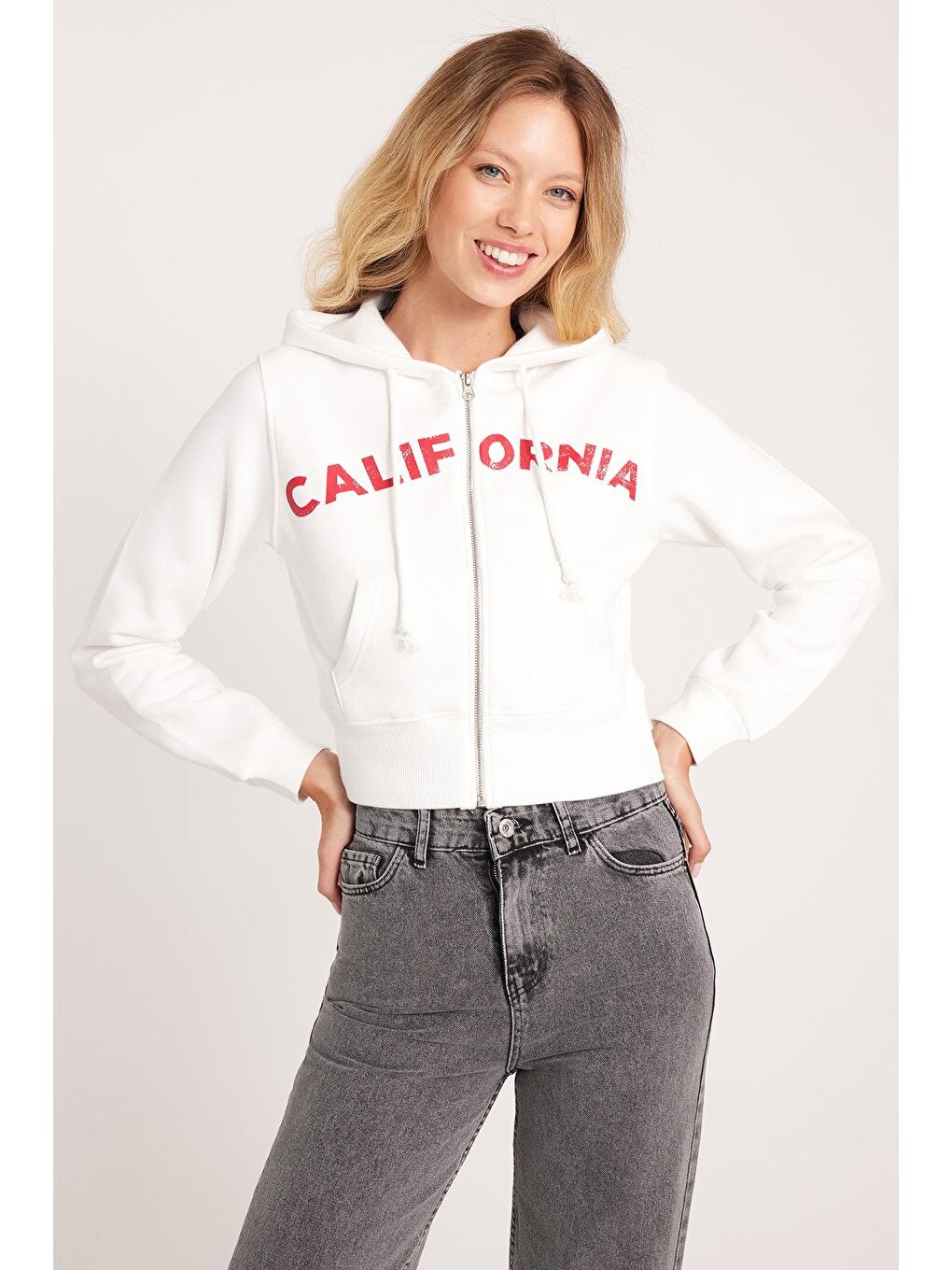 Kadın Slim Fit Dar Kesim Pamuklu Kapüşonlu Baskılı Ekru Hırka