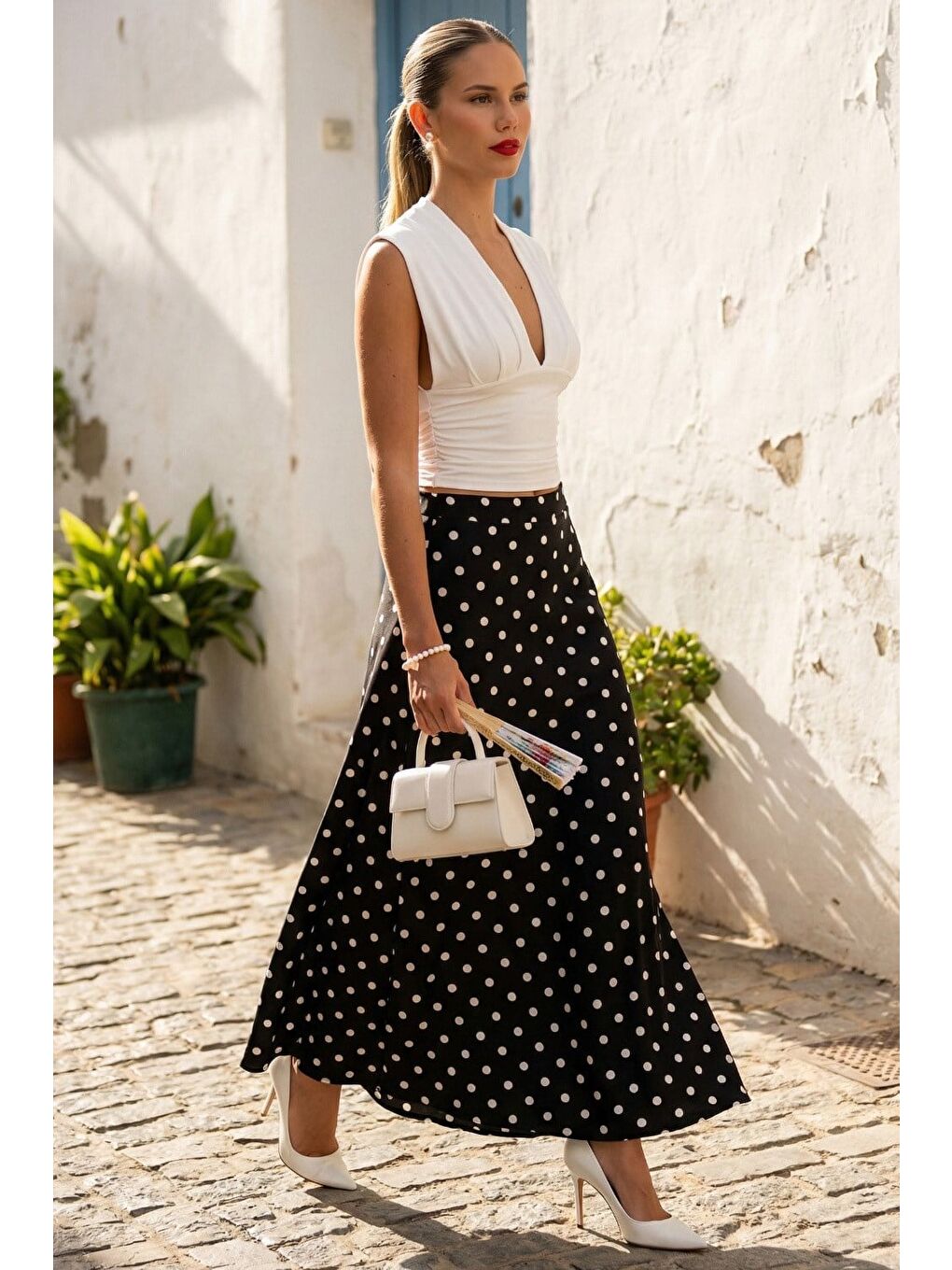 Siyah Puantiyeli Maxi Kadın Saten Etek Mg2725