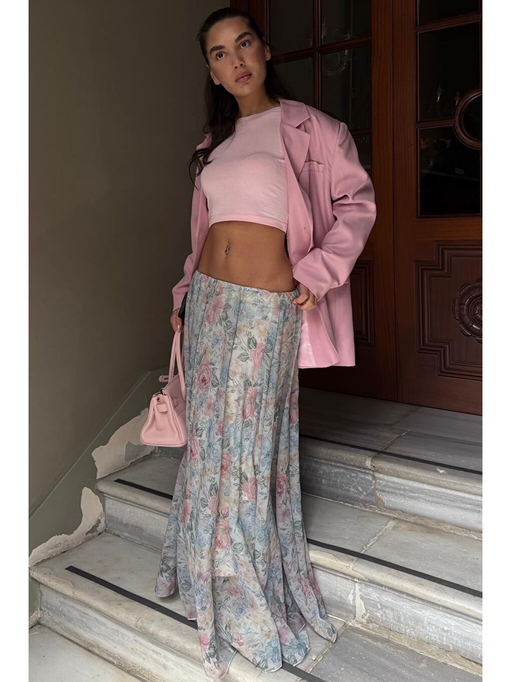 Ekru Çiçek Desenli Vintage Şifon Maxi Etek Mg2776-3