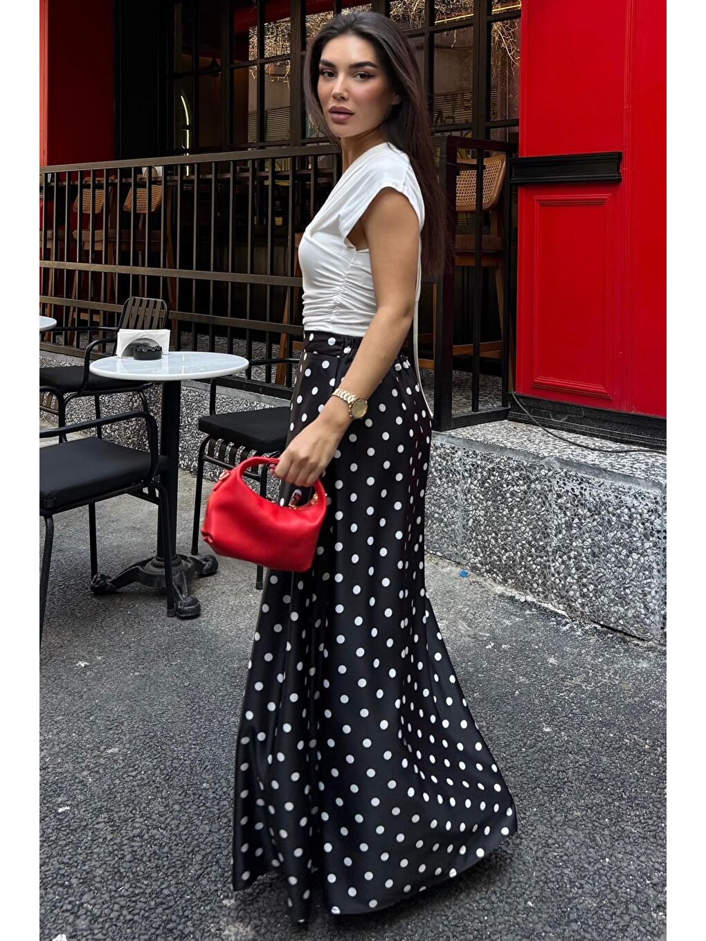 Siyah Puantiyeli Maxi Kadın Saten Etek Mg2725-1