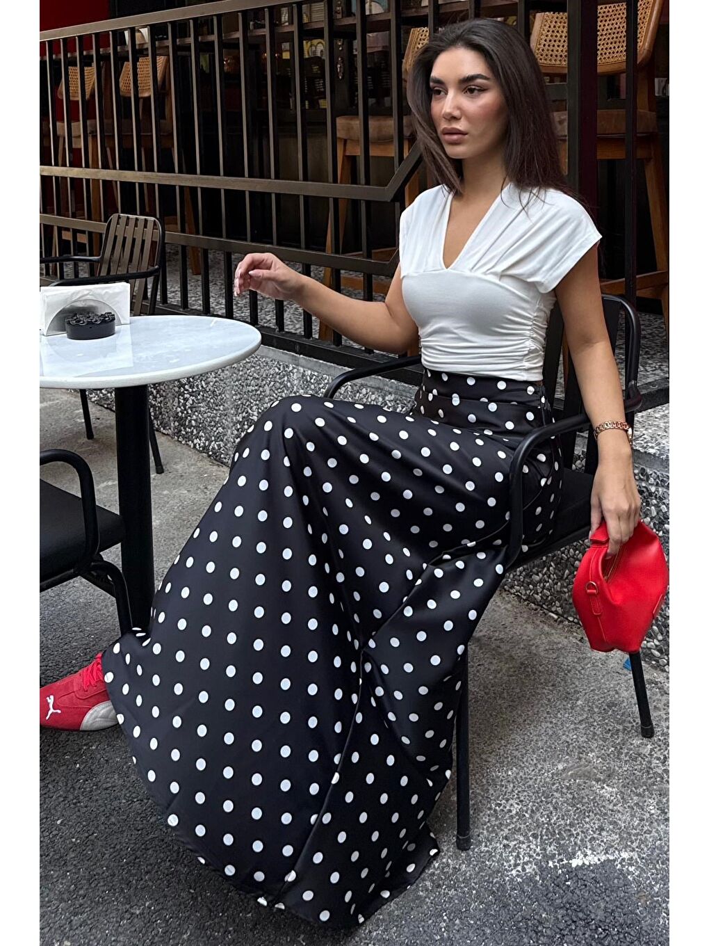 Siyah Puantiyeli Maxi Kadın Saten Etek Mg2725-2