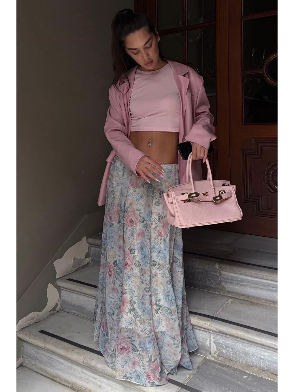 Ekru Çiçek Desenli Vintage Şifon Maxi Etek Mg2776-4