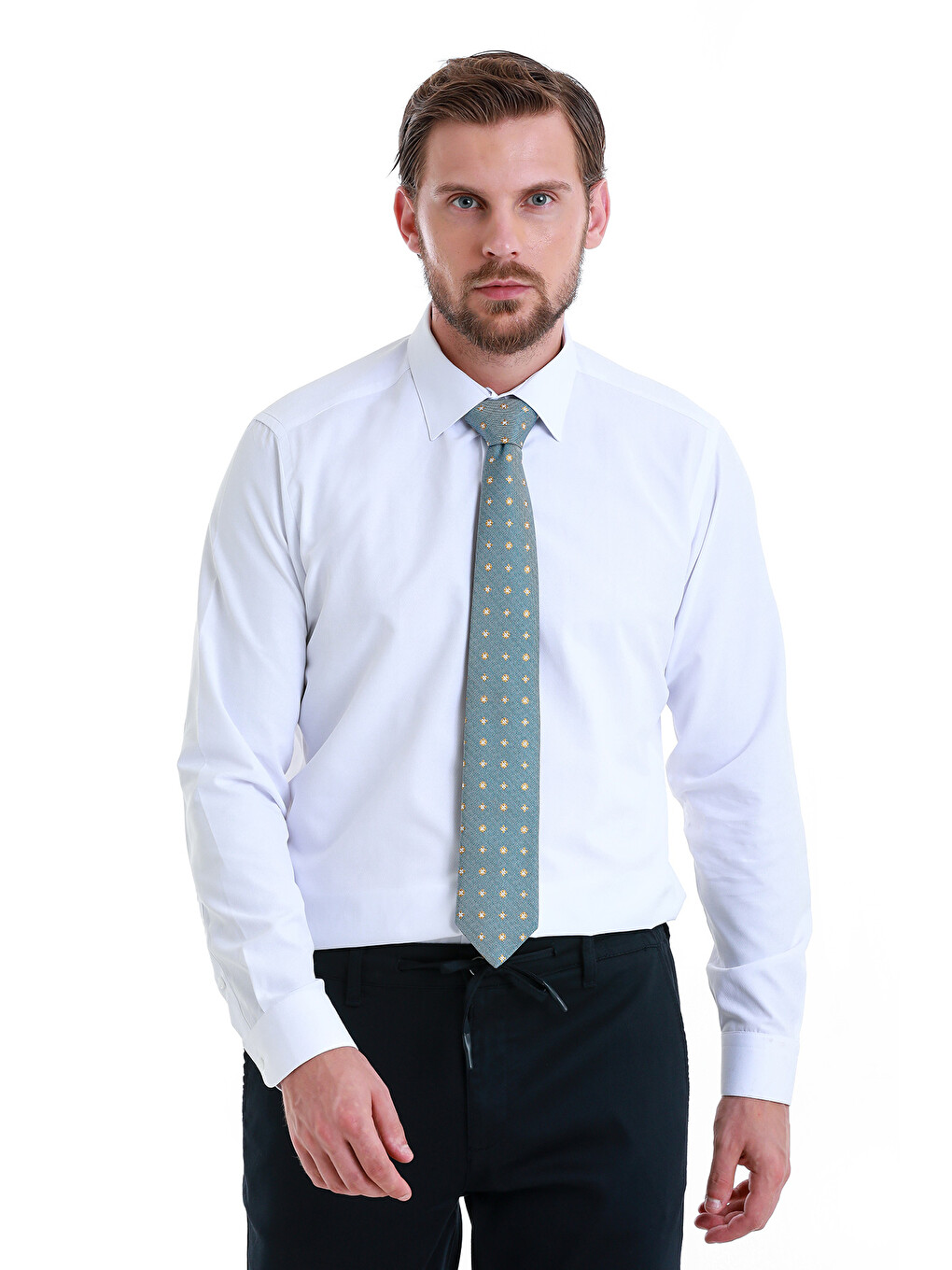 Beyaz Slim Fit Düz Slim Yaka Pamuklu Uzun Kollu Gömlek-2