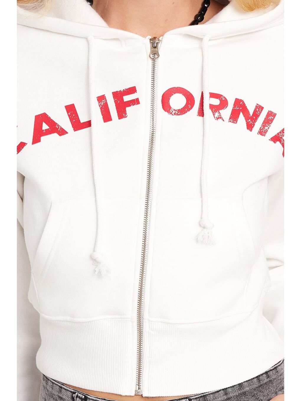 Kadın Slim Fit Dar Kesim Pamuklu Kapüşonlu Baskılı Ekru Hırka-1