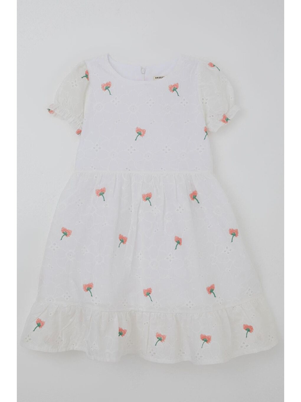 Kız Çocuk Elbise Çiçek Nakışlı Arka Kısmı Fermuarlı Beyaz (6-12 Yaş)