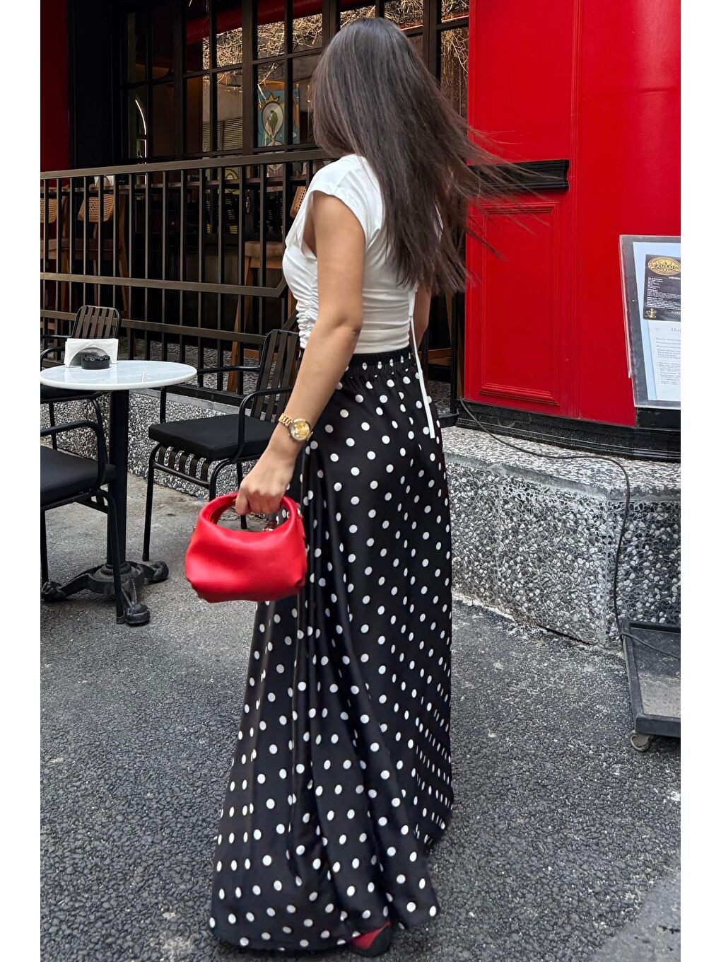 Siyah Puantiyeli Maxi Kadın Saten Etek Mg2725-4