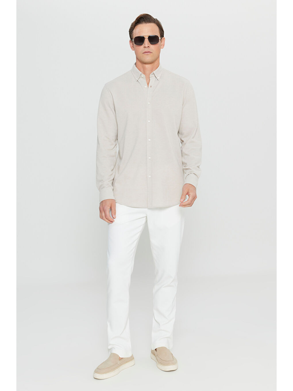 Erkek Bej 360 Her Yöne Esneyen Pamuklu Dar Kesim Düğmeli Yaka Örme Gömlek-1