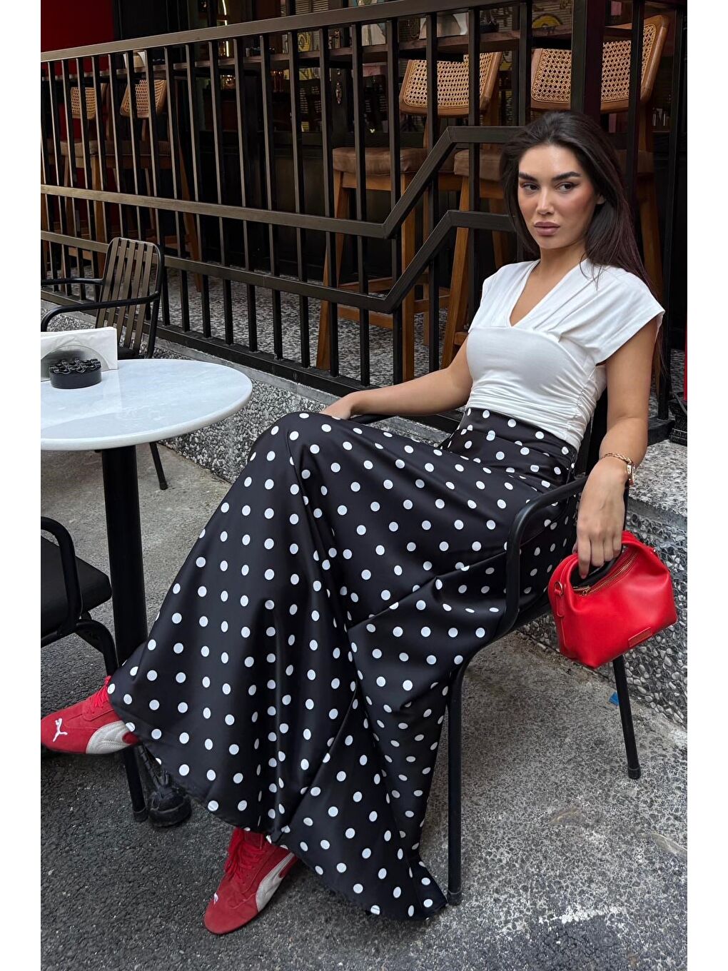 Siyah Puantiyeli Maxi Kadın Saten Etek Mg2725-5