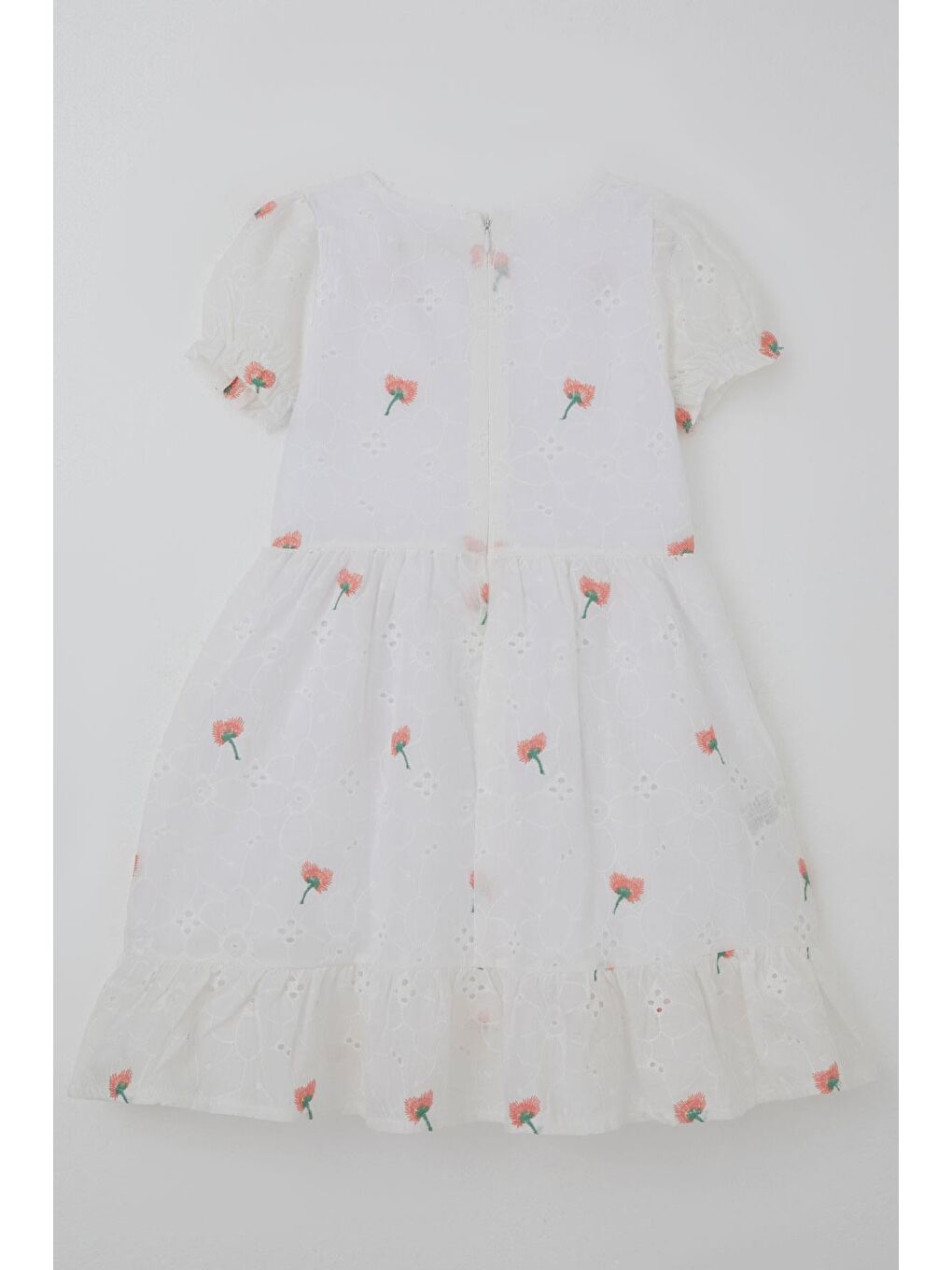 Kız Çocuk Elbise Çiçek Nakışlı Arka Kısmı Fermuarlı Beyaz (6-12 Yaş)-1