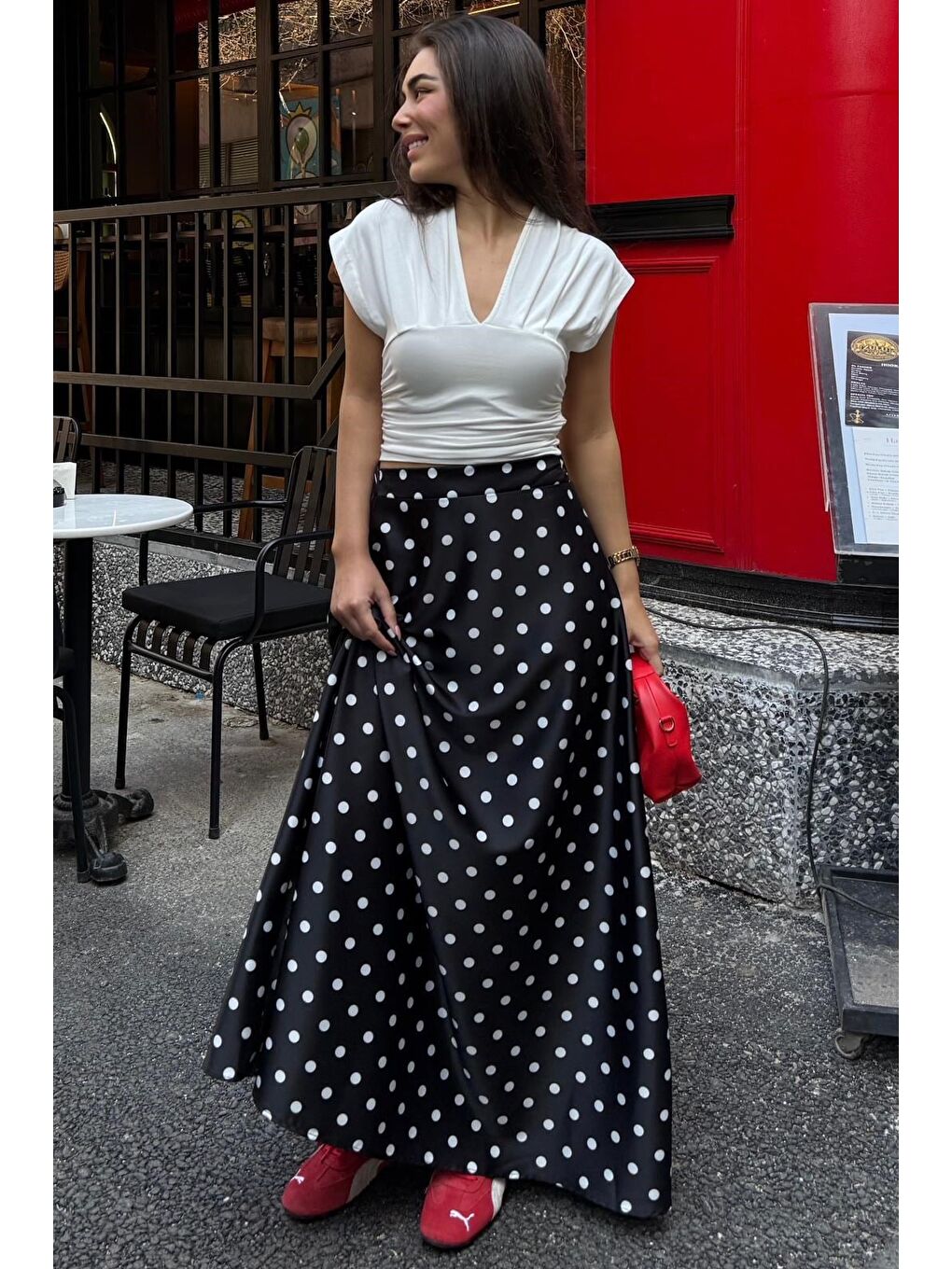 Siyah Puantiyeli Maxi Kadın Saten Etek Mg2725-6