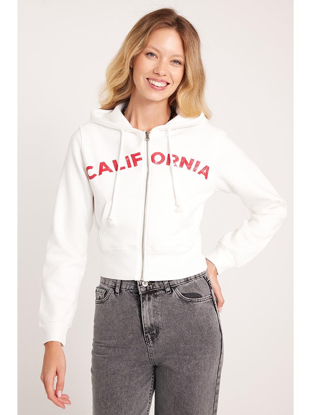 Kadın Slim Fit Dar Kesim Pamuklu Kapüşonlu Baskılı Ekru Hırka-2