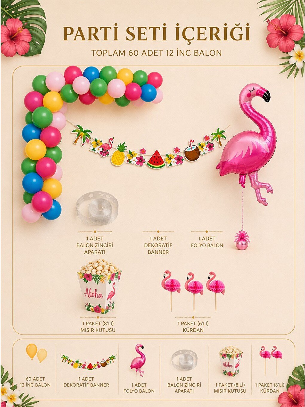 Karışık Flamingo Temalı Doğum Günü Parti Seti – Tropikal Balon Zinciri-1