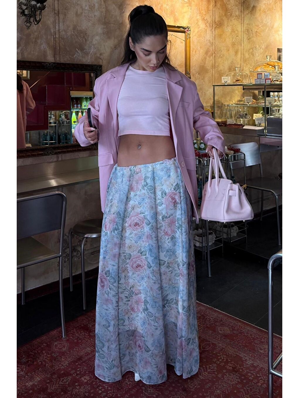 Ekru Çiçek Desenli Vintage Şifon Maxi Etek Mg2776-5