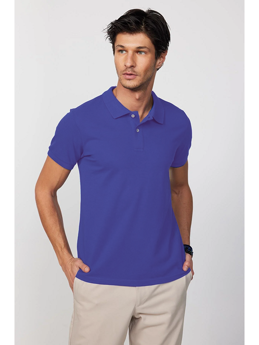 Erkek Slim Fit Dar Kesim %100 Pamuk Koyu Mavi Polo Yaka Tişört-1