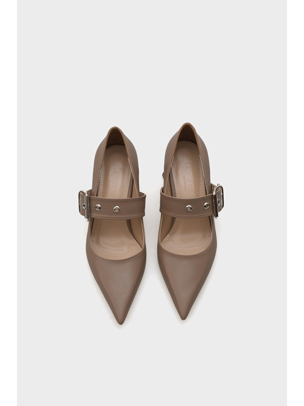 Bej Roda Sivri Burunlu Orta Topuklu Metal Tokalı Kadın Ayakkabı-5