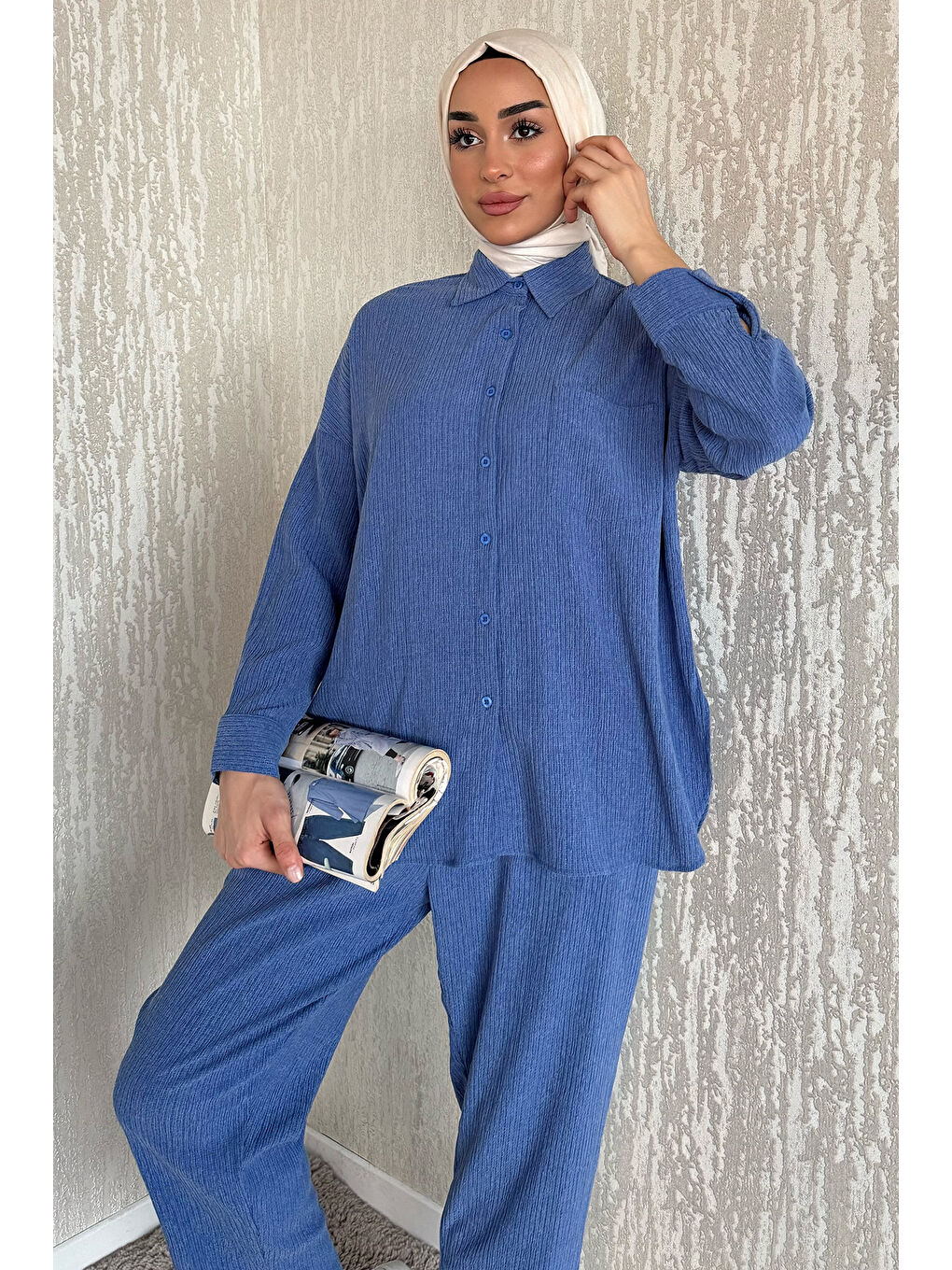 İndigo Gömlek Pantolon Bürümcük Tesettür İkili Takım-1