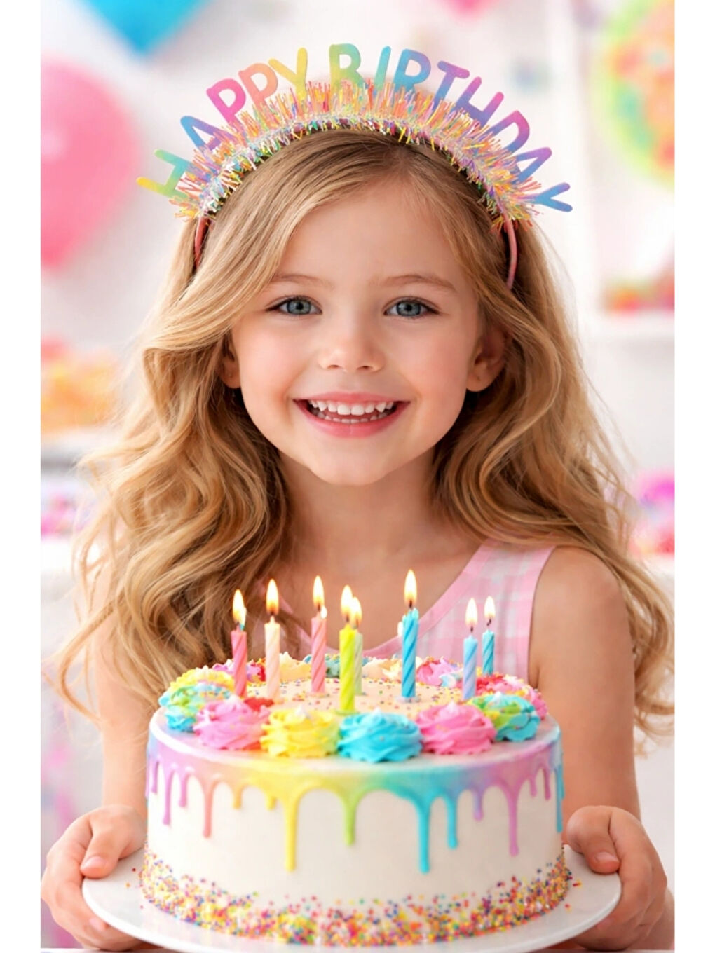 Karışık Çok Renkli Saçaklı Happy Birthday Temalı Kız Çocuk Parti Tacı-1
