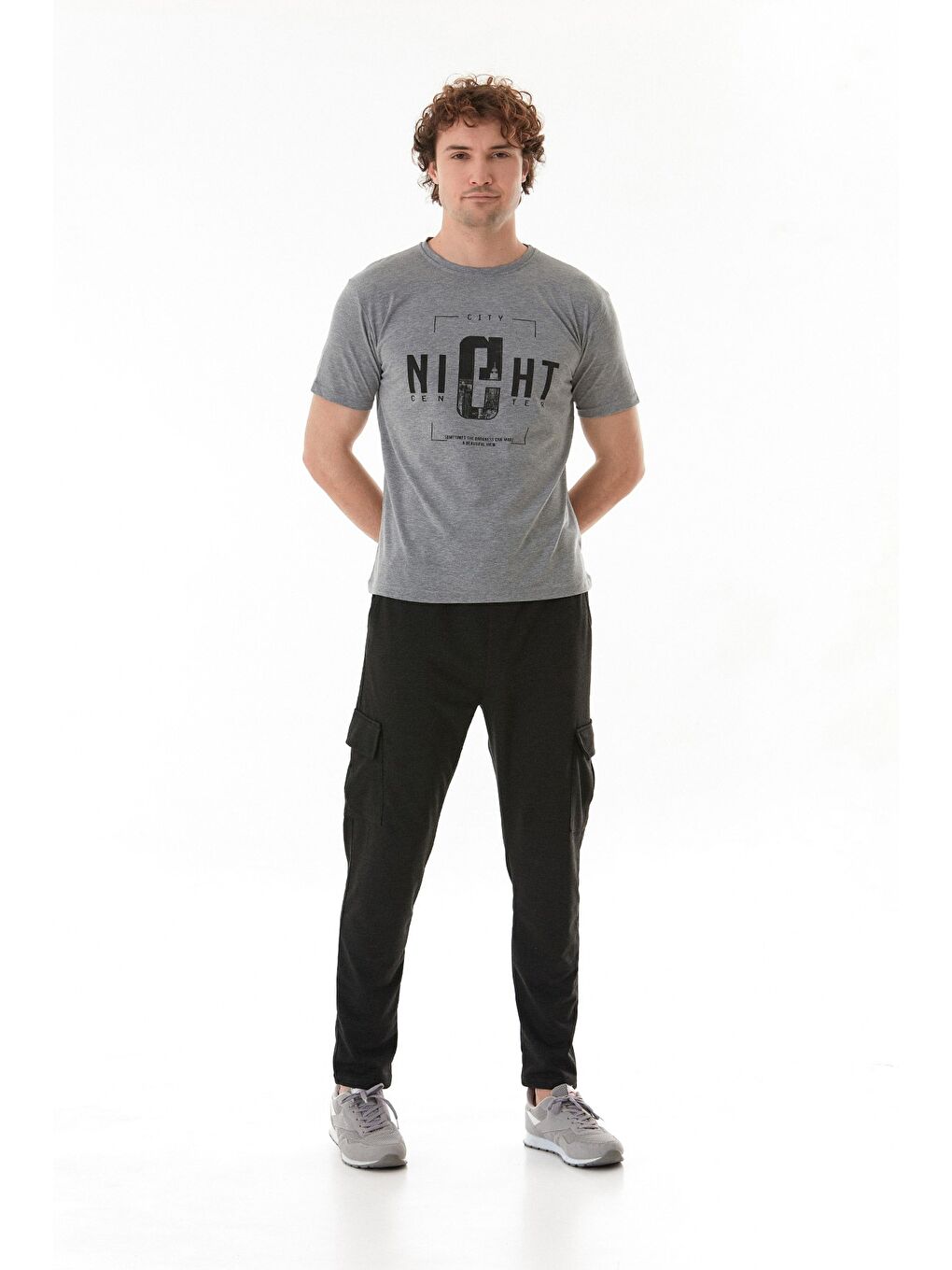 Gri Night Yazı Baskılı Bisiklet Yaka Tişört-2