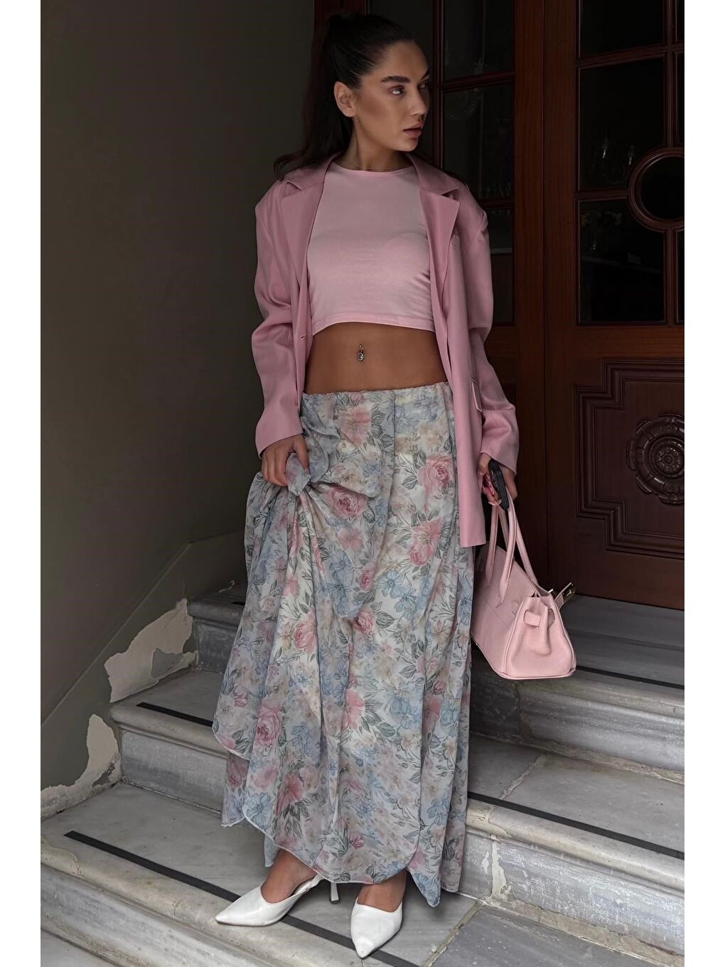 Ekru Çiçek Desenli Vintage Şifon Maxi Etek Mg2776-6