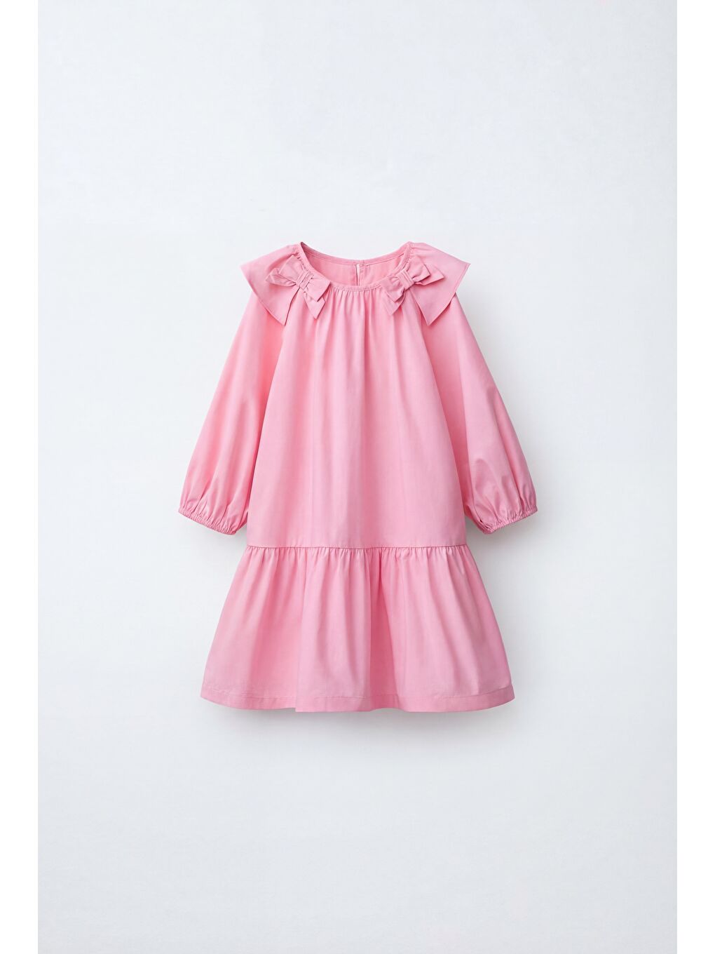 Pembe Kız Çocuk Pamuklu Pudra Fiyonk Detaylı Elbise - Uzun Kollu