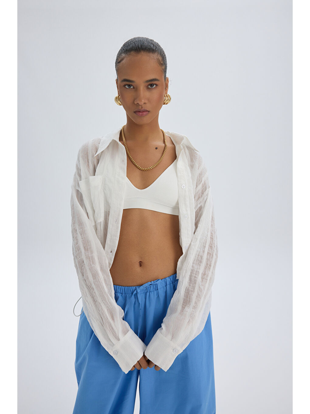 Claps İnce Ekru Kısa Gömlek-5